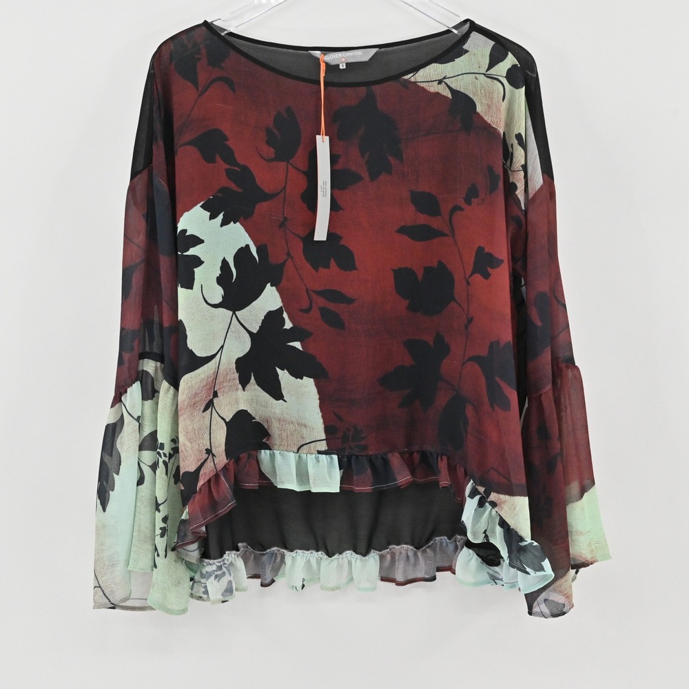 Clover‎ Canyon Floral Ruffle Top Womens Size S Burgundy Sheer Peplum Bell Sleeve